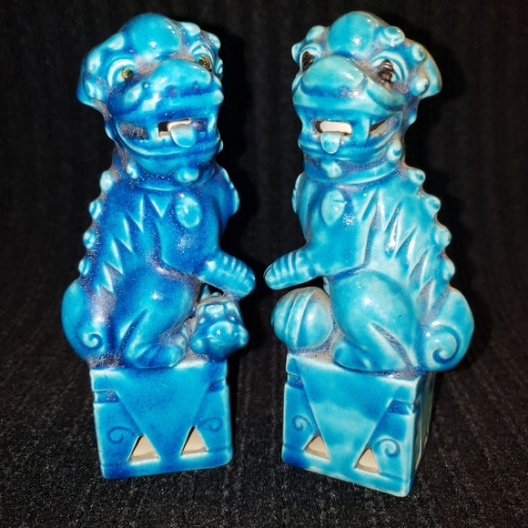 Vintage Turquoise Blue Glazed Ceramic Foo Dog Figurines